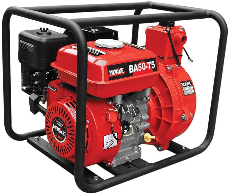 Miyake Σετ Αντλία Νερού Πυρόσβεσης Βενζίνης 7HP Υψηλής Πίεσης 2"x2" BA-50-75 με Μάνικα 20m & Αυλό – Ισχυρή αντλία πυρόσβεσης με τετράχρονο κινητήρα 7HP, υψηλή παροχή νερού και πλήρες σετ με μάνικα 20m και αυλό για άμεση χρήση.
